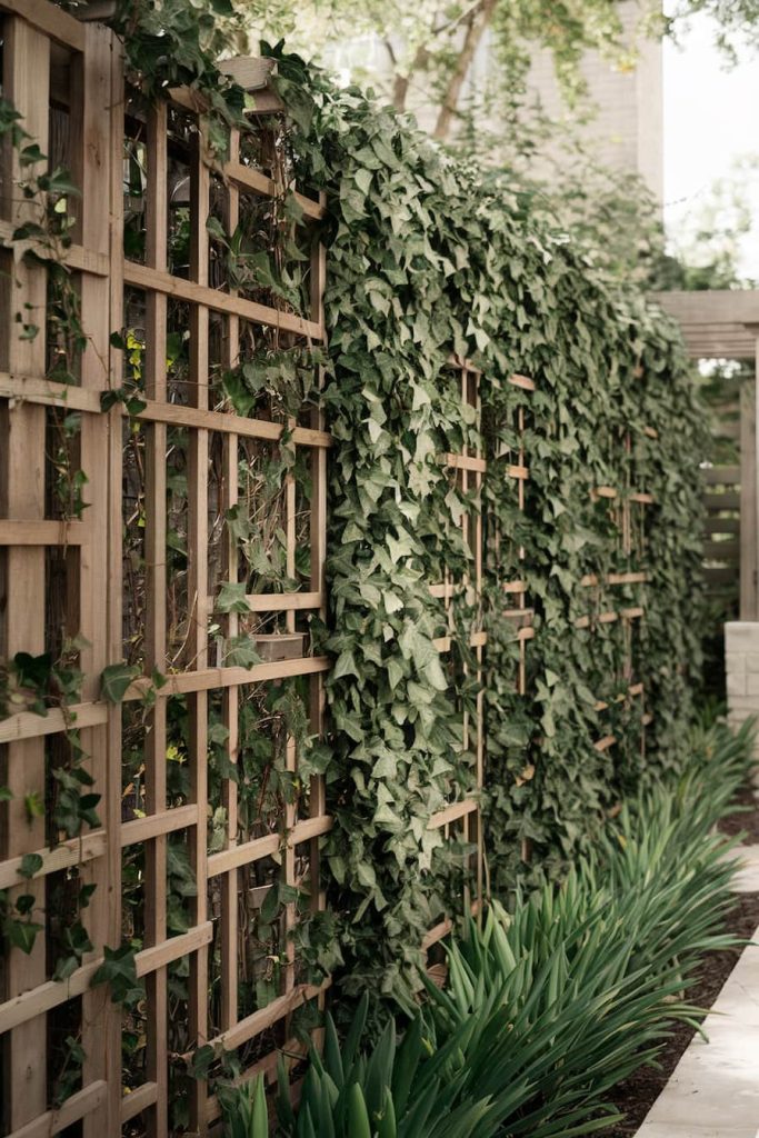 Wooden trellis covered in lush green ivy surrounded by tall grass in an outdoor garden.