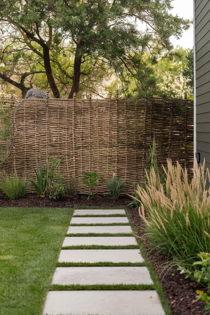 Garden path with stone slabs leads to a wicker fence surrounded by greenery and tall grasses. Trees and plants provide a natural background.