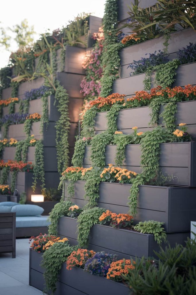 Vertical garden with stacked planters filled with lush greenery and orange flowers along a wall. Outdoor seating and soft lighting in the background.