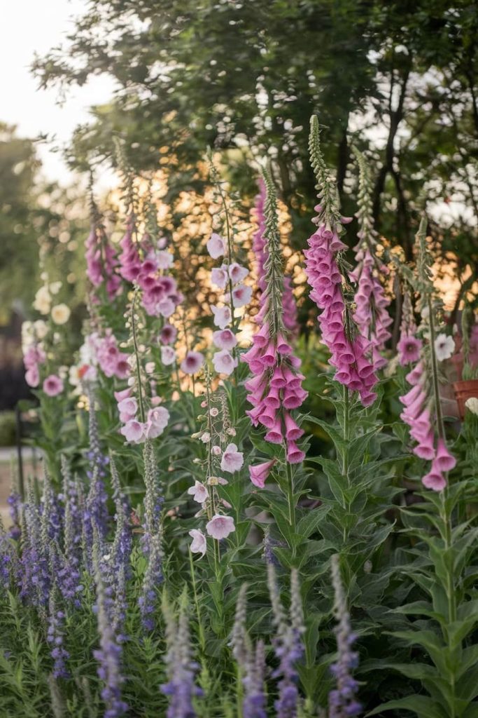 A garden of tall pink and white foxgloves surrounded by lush greenery and purple flowers in the foreground.