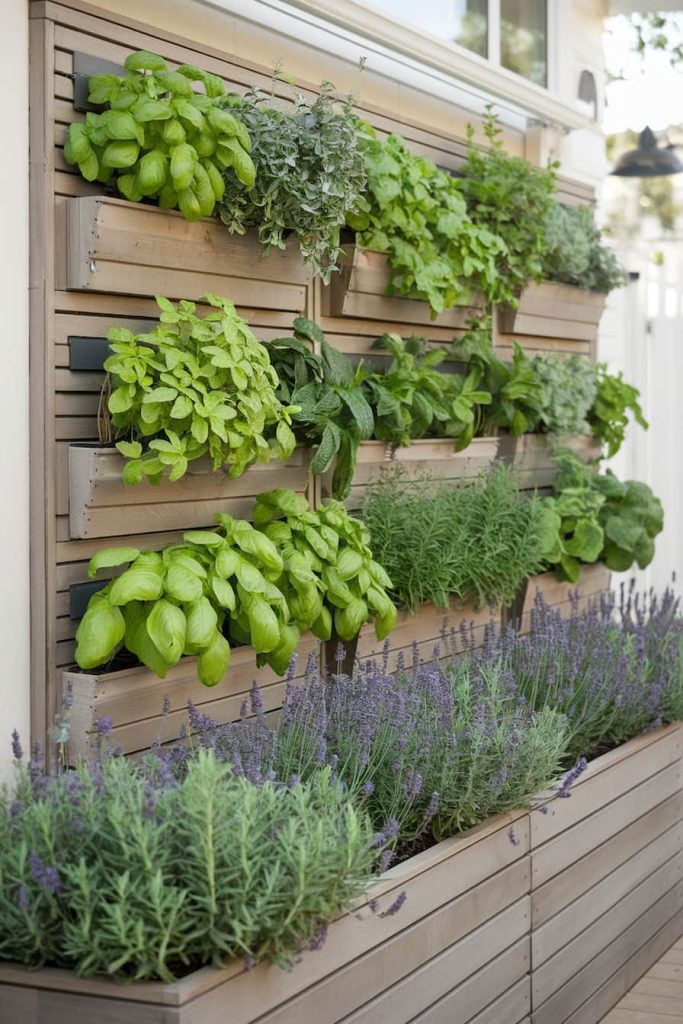 Vertical garden with rows of potted herbs and leafy vegetables, including basil, rosemary and lavender, in wooden planters against a sunny wall.