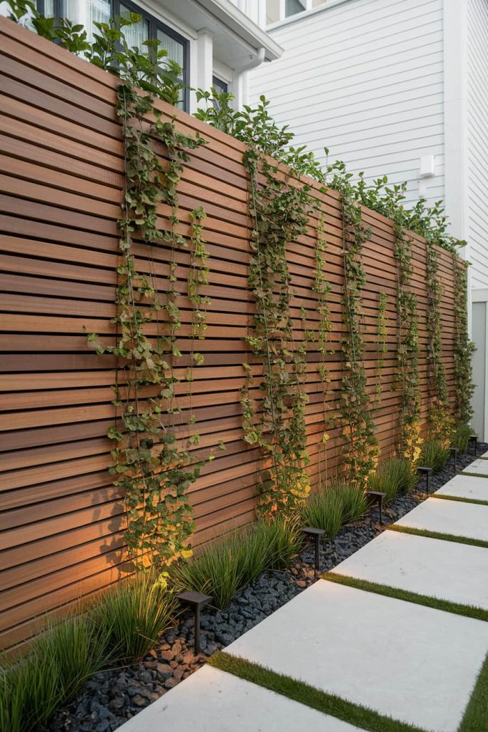 Wooden picket fence with vertical plant growth, illuminated by ground lighting. White House in the background.