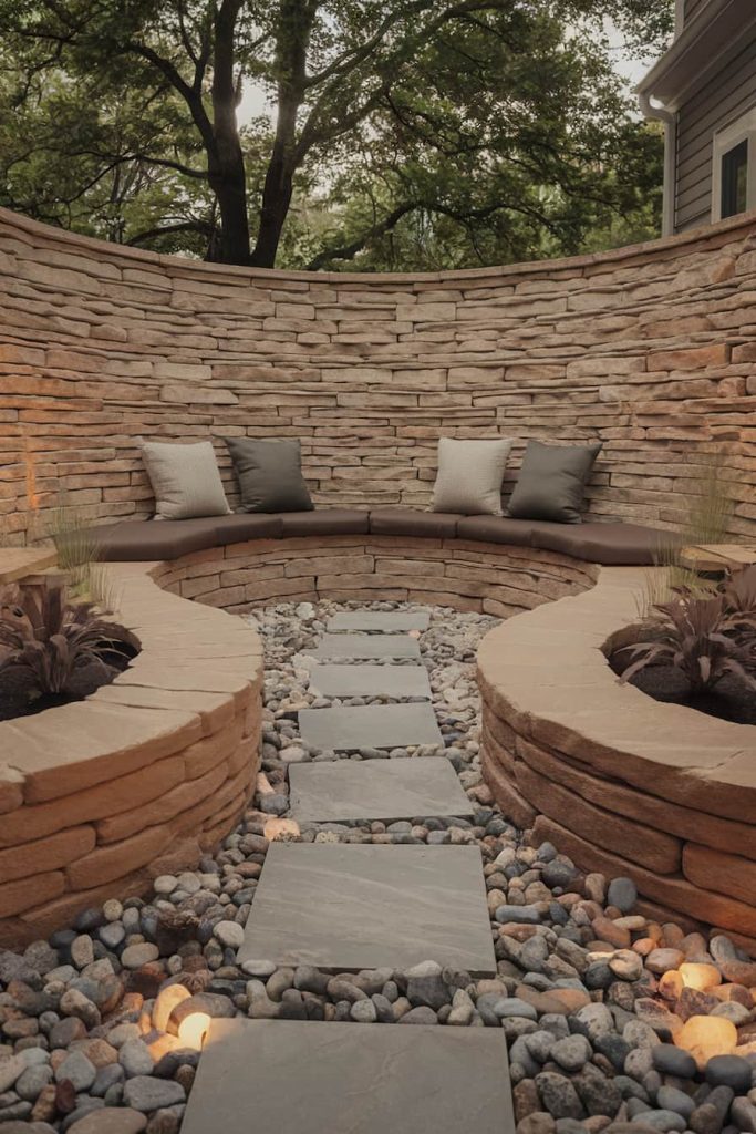 Curved stone bench with cushions in a circular patio surrounded by stacked stone walls. A stone path with pebbles and small plants leads to the seating area.