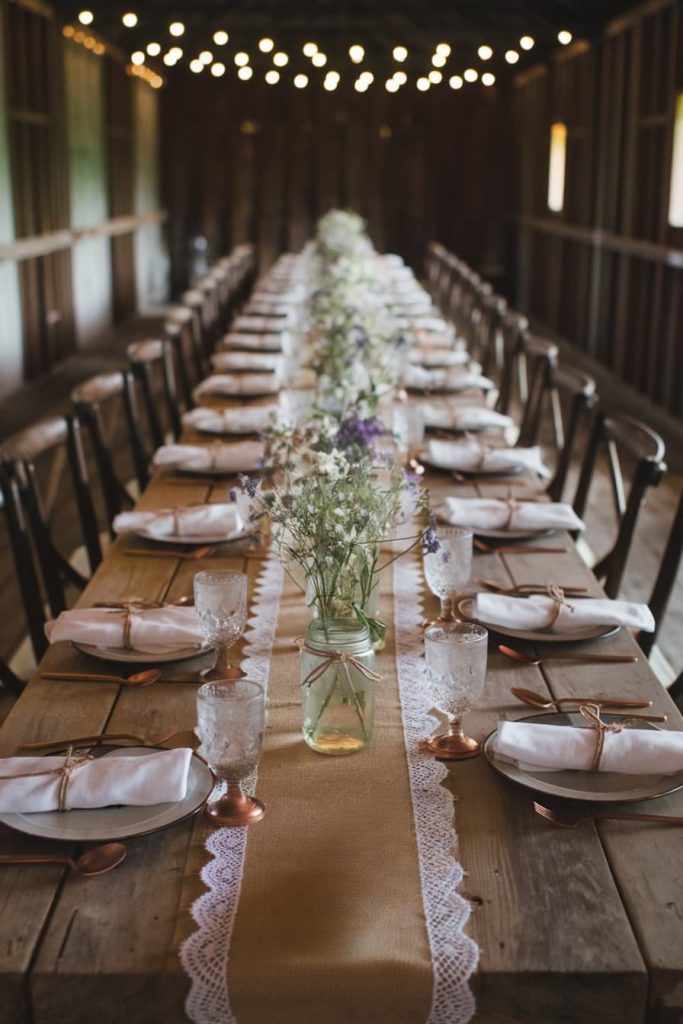 A long wooden table is set for a meal, with rolled napkins, glassware and floral centerpieces. String lights hang above it.