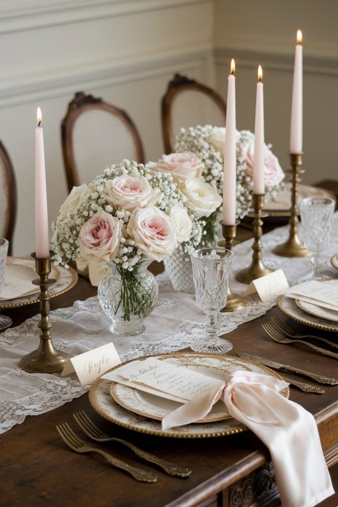 Elegant dining table setting with pink and white roses, tall candles, <a href=