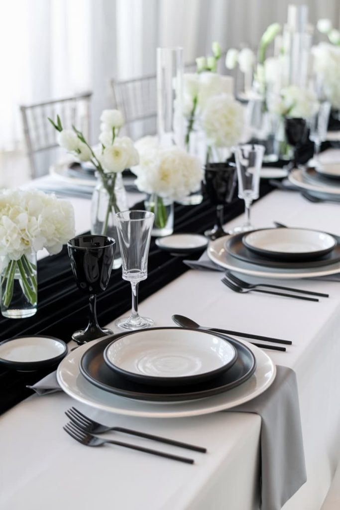 Elegant dining table with black and white plates, black cutlery, black and clear glassware, white floral centerpieces and a black table runner on a white tablecloth.