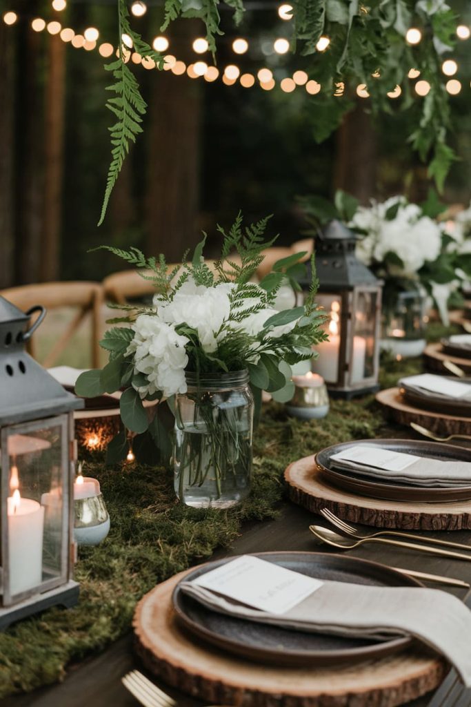 A rustic outdoor table consists of wooden plates, candles in lanterns and vases with white flowers and greenery. Fairy lights are hung above it.