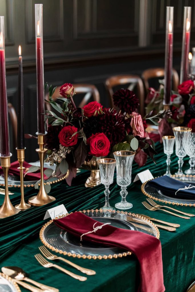 Elegant table setting with tall candles, floral arrangements in deep red hues and gold-trimmed glassware on a green tablecloth. Burgundy napkins are placed on silver plates.