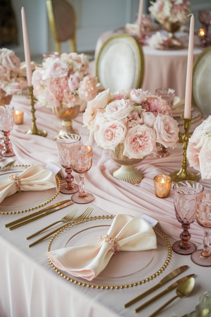 Elegant table setting with pink and gold accents, featuring floral centerpieces, tall candles, folded napkins with pearl rings, gold cutlery and pink glassware on a draped tablecloth.