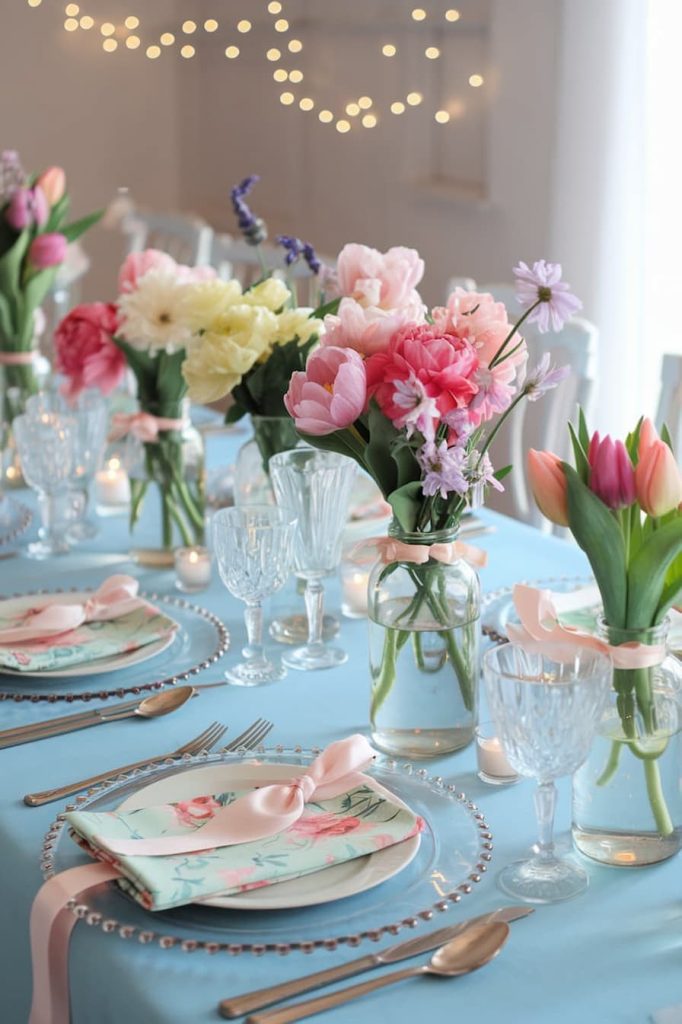 Elegant table setting with blue tablecloth, flower plates, glassware and vases full of colorful flowers. Fairy lights can be seen in the background.