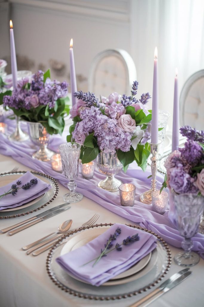 Elegant table setting with lavender flowers, purple candles and cutlery on a white tablecloth. Lavender sprigs lie on napkins on the plates.