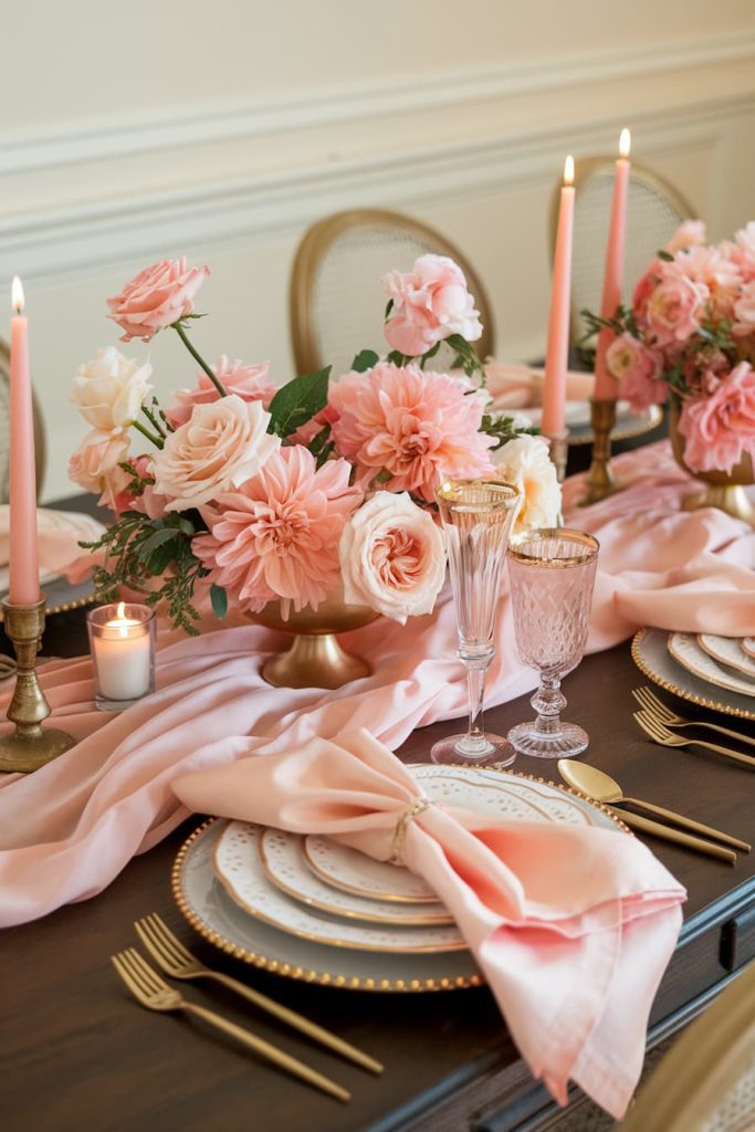 Elegant table setting with pink flowers, candles and gold-rimmed dishes on a dark wooden table with soft pink fabric accents.