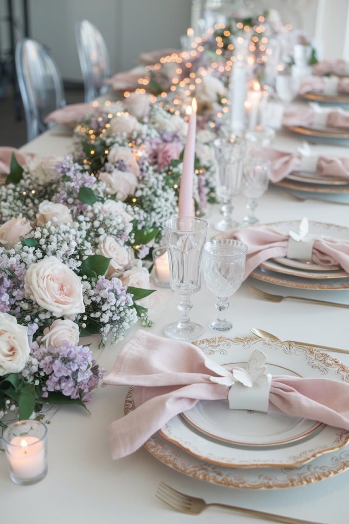 Elegant table setting with pink napkins, floral centerpiece of roses and gypsophila, decorative plates, candles and fairy lights.