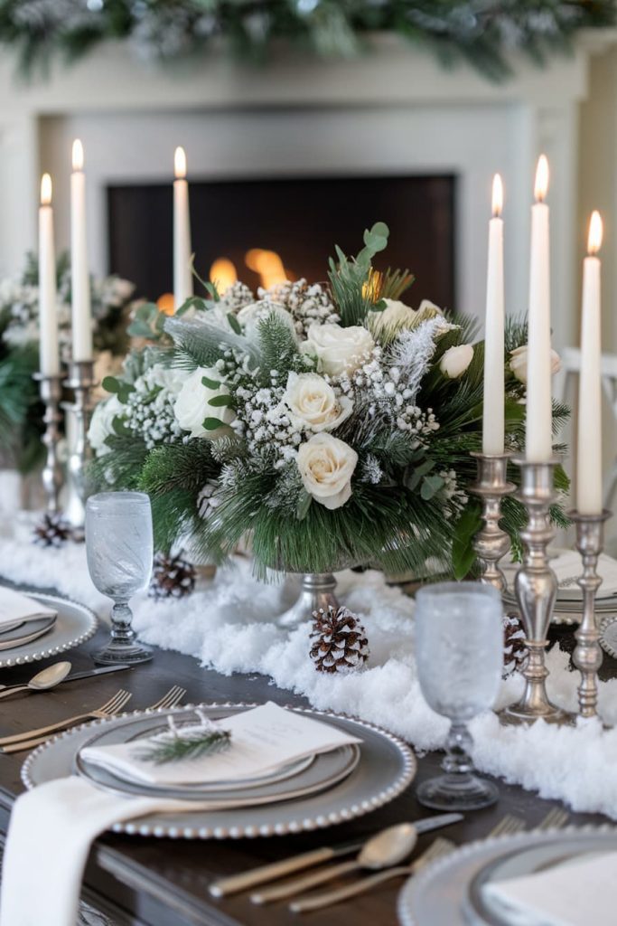 Elegant winter-themed table setting with white roses, green centerpiece, tall candles and snow-like decor in front of a burning fireplace.