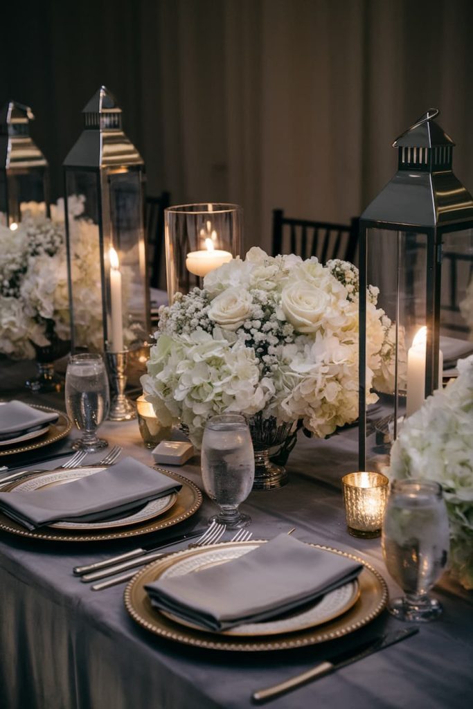 Elegant table setting with white flowers, candles in tall glass holders, gold-rimmed plates and folded napkins on a dark tablecloth.