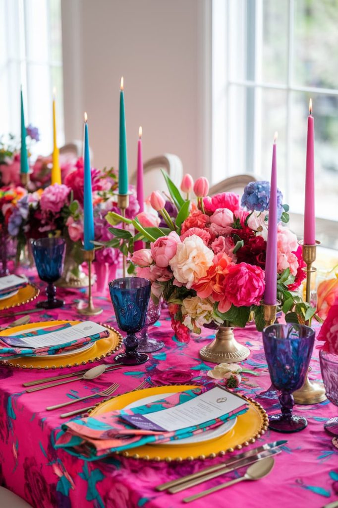 A vibrant table setting with colorful floral arrangements, colorful candles, blue glass and yellow plates on a pink tablecloth.