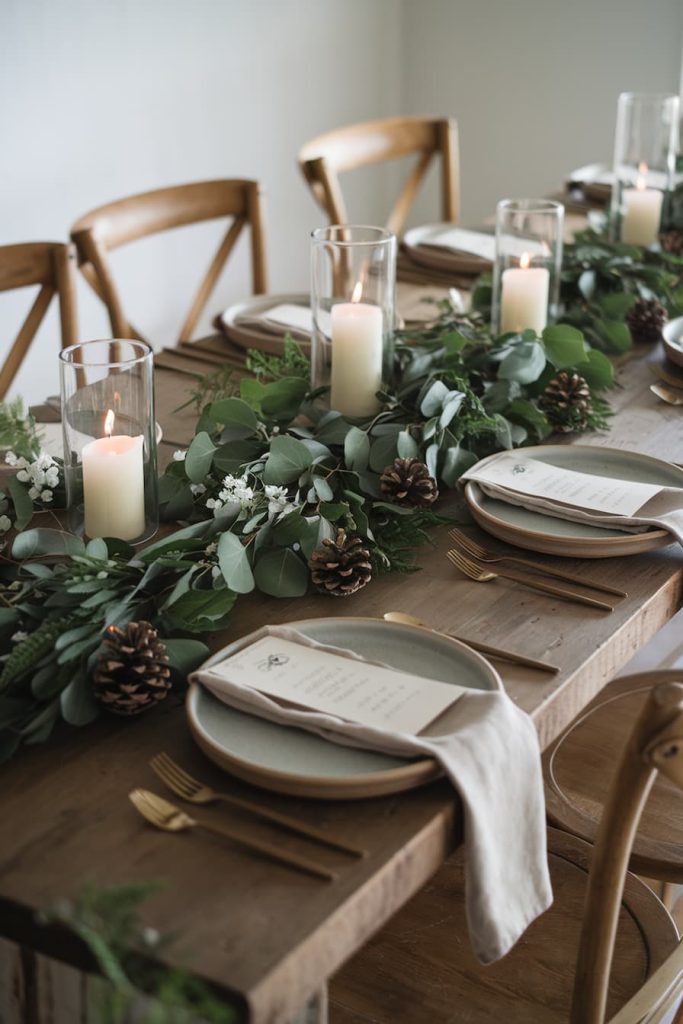 A dining table with plates, white napkins, gold cutlery and menus. Decorated with green foliage, pine cones and lit candles in glass holders. Wooden chairs surround the table.