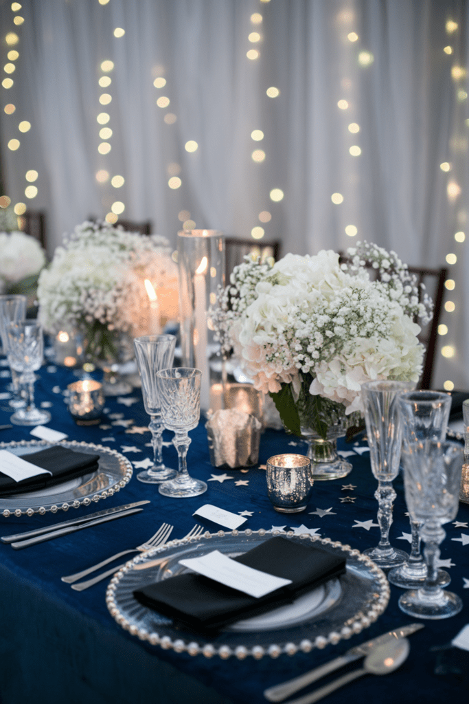 Elegant table setting with blue tablecloth, silver plates, crystal glasses and white flower centerpieces. Twinkling lights hang in the background.