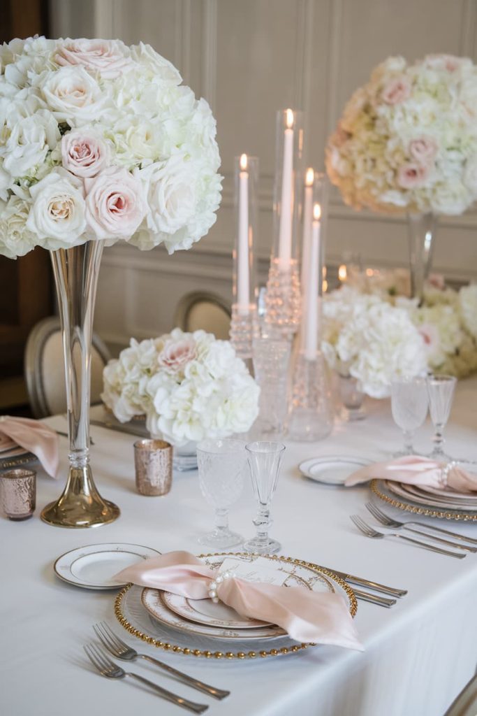 Elegant table setting with tall white and pink floral centerpieces, crystal glasses, white plates, gold-rimmed trays, pink napkins and lit candlesticks on a white tablecloth.