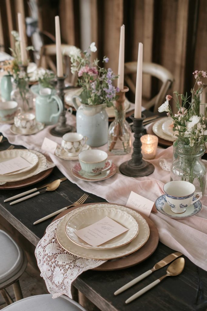 A rustic table with various plates, tea cups and cutlery. Flower vases and tall candles stand on a pink table runner on a dark wooden table.