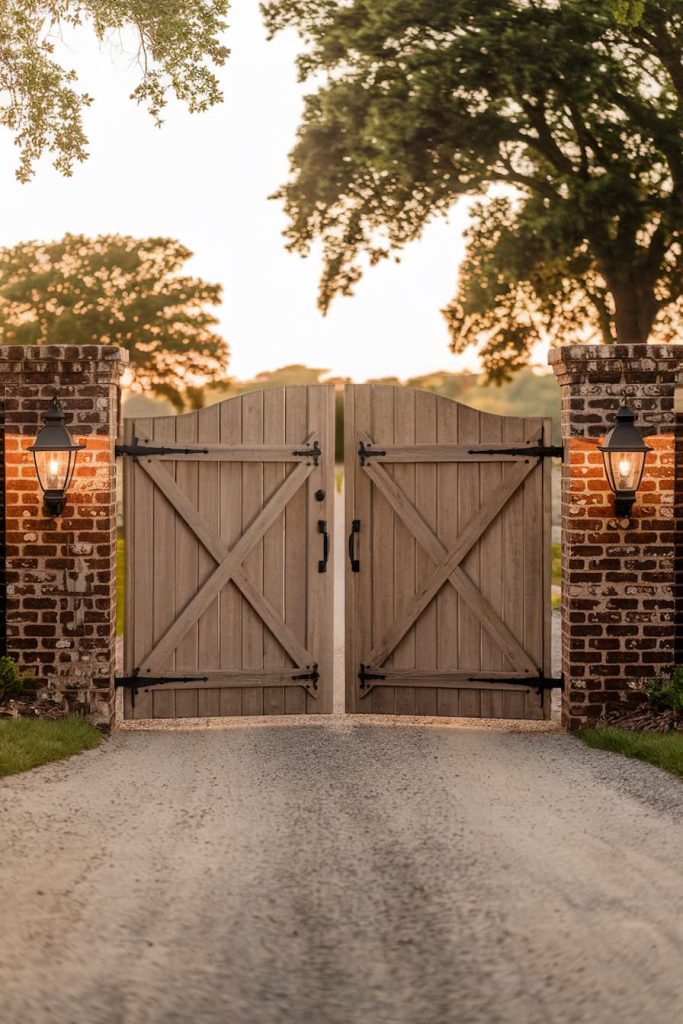 A wooden gate flanked by brick pillars with lanterns stands open on a gravel path surrounded by trees.