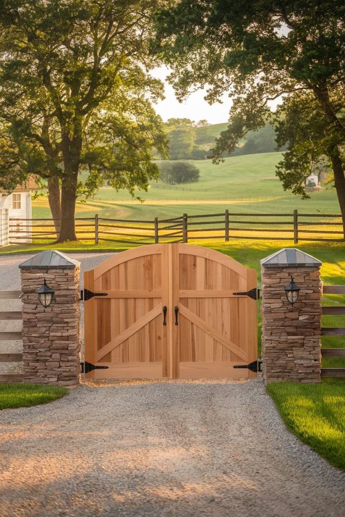 A wooden gate flanked by stone pillars stands at the end of a gravel driveway with green fields and trees in the background.