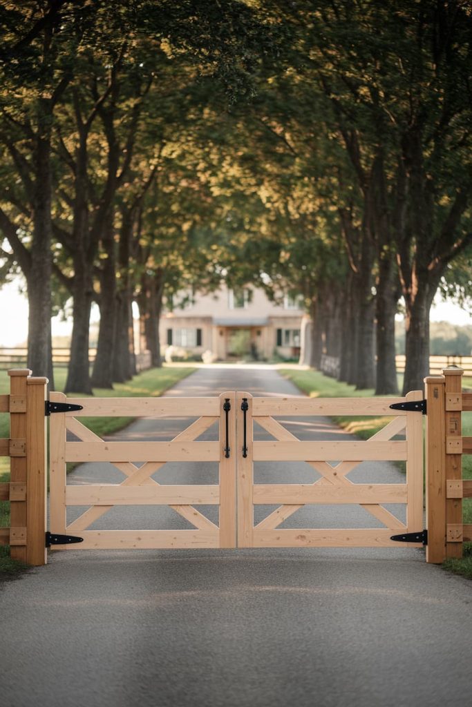 A wooden gate opens onto a tree-lined driveway that leads to a distant house.