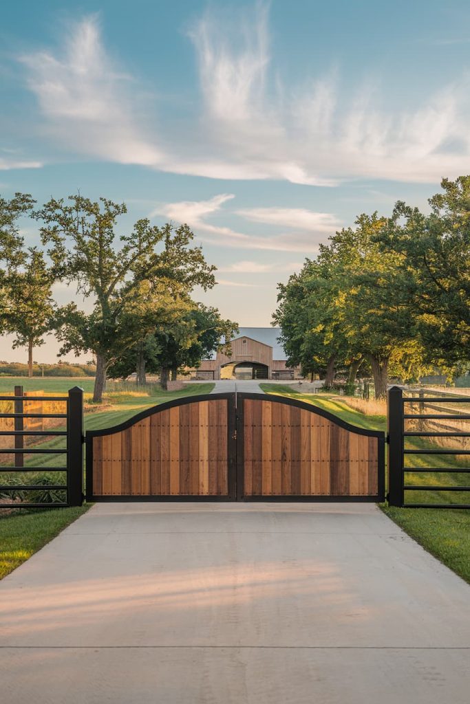 A wooden gate opens onto a paved driveway that leads to a distant tree-lined barn under a blue sky with wispy clouds.