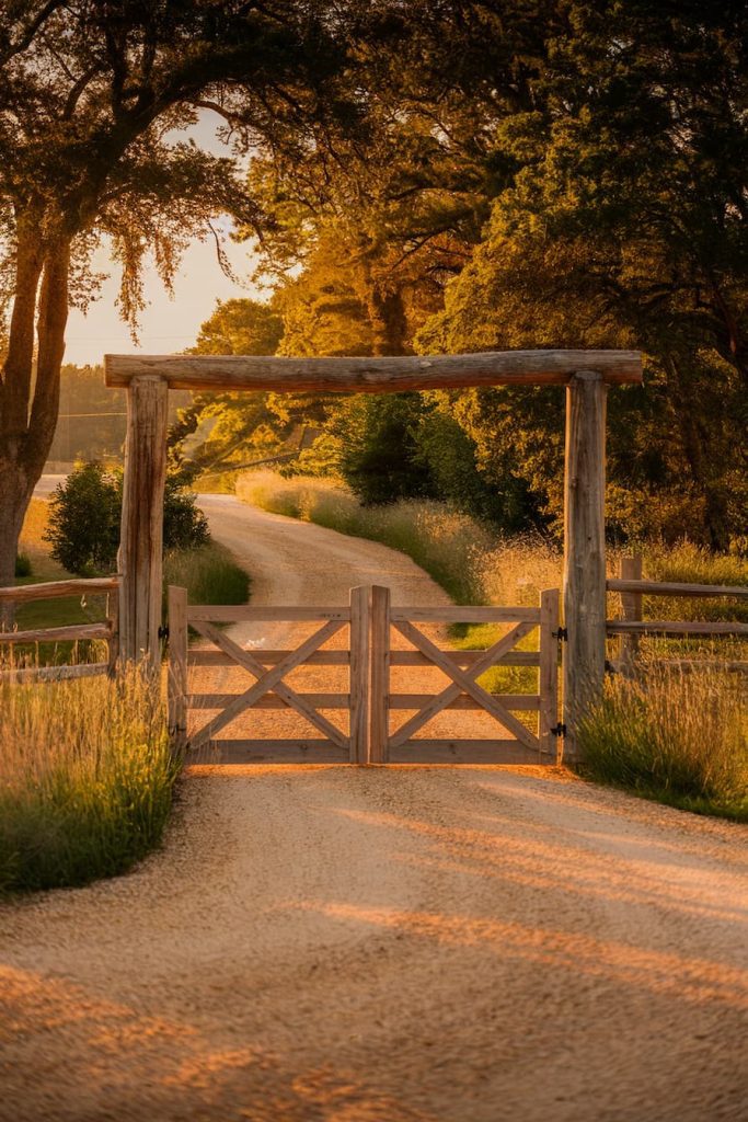 Wooden gate on a gravel road surrounded by trees with golden sunlight shining through.