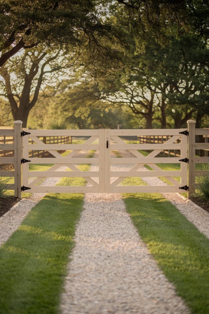 A white wooden gate stands at the end of a gravel path surrounded by lush green grass and trees in a sunlit rural setting.