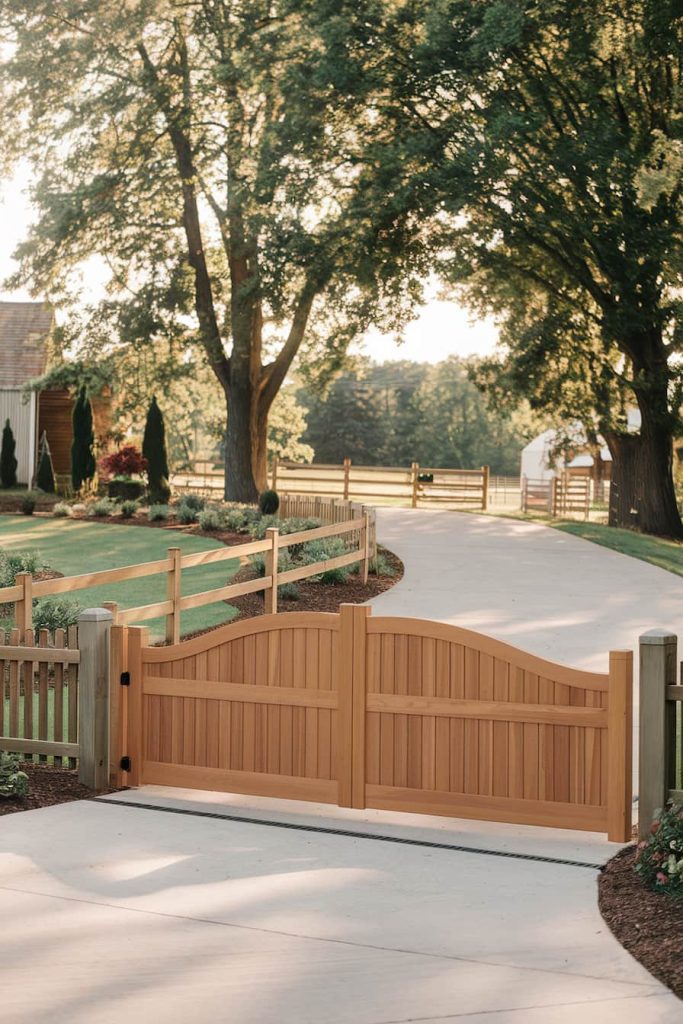 A wooden entrance gate with curved tops stands open and leads to a winding path. The path is lined with fences, grass and trees under a clear, sunlit sky.