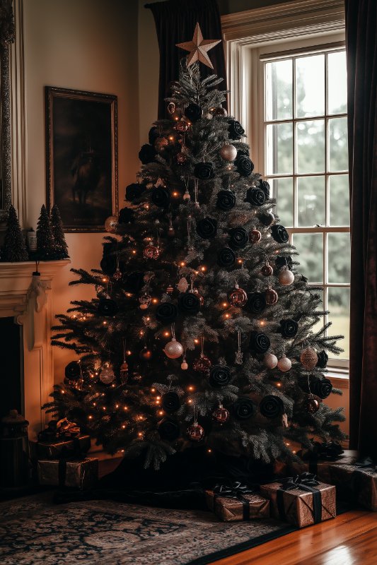 A decorated Christmas tree with black and gold ornaments standing near a large window in a dimly lit room. Wrapped gifts are placed under the tree.