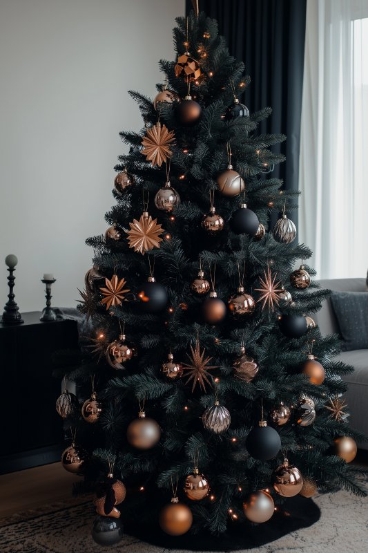 A decorated Christmas tree with a combination of matte black, shiny gold and bronze ornaments, with a softly lit room in the background.