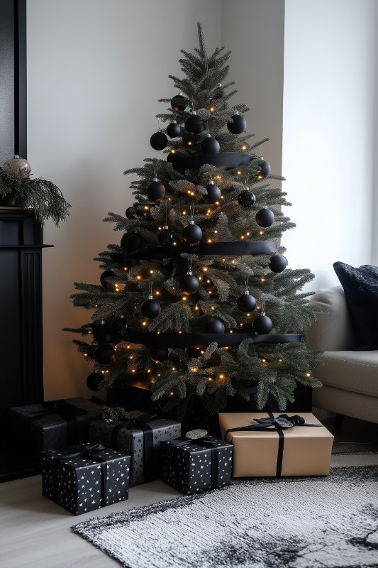 Christmas tree decorated with black ornaments and lights surrounded by wrapped presents in black and beige wrapping paper, next to a beige couch in a modern living room.