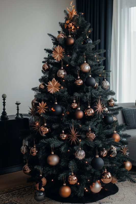 A decorated Christmas tree with black and bronze ornaments placed in a modern living room with a couch and a window curtain in the background.