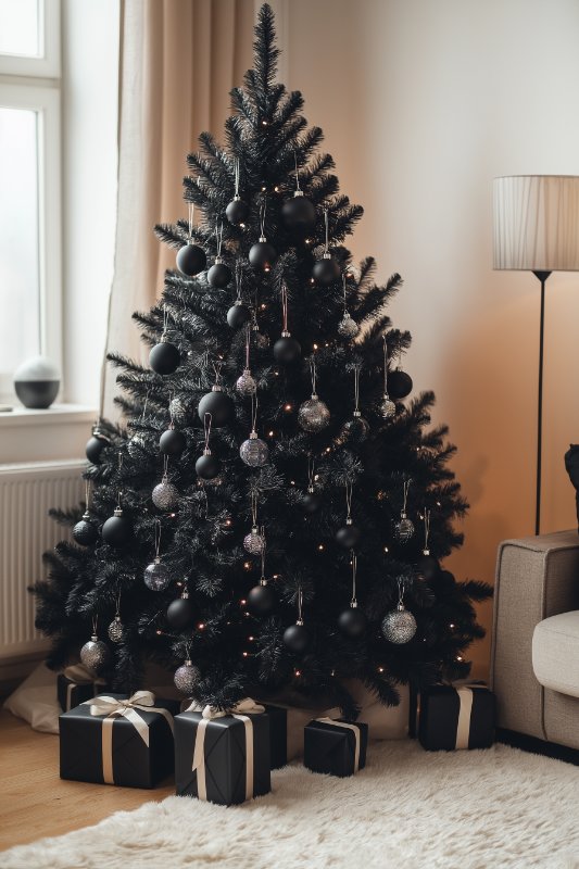 A decorated Christmas tree with black and silver ornaments stands in a living room next to wrapped presents and a floor lamp.