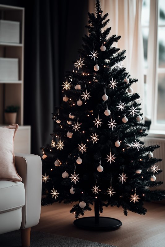 A decorated Christmas tree with star and ball ornaments stands near a window in the living room, next to a white couch with a pink pillow.