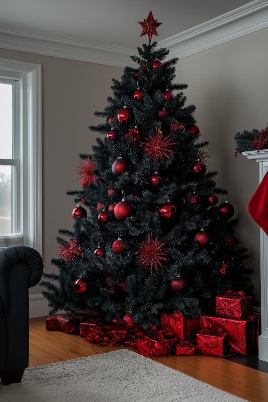 A decorated Christmas tree with red ornaments and a star top surrounded by red gift boxes stands in a living room next to a window and a mantel with stockings.