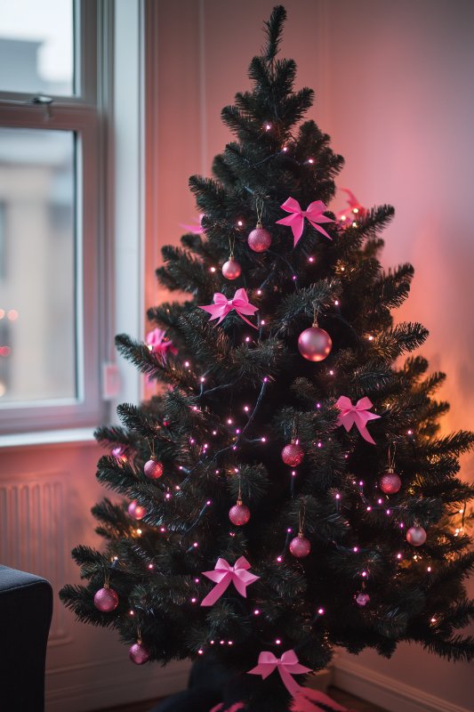 A decorated Christmas tree with pink ornaments and bows, adorned with lights, positioned by a window.