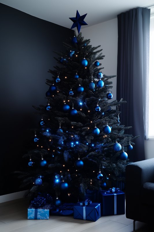 A Christmas tree decorated with blue ornaments and lights stands in a room with dark walls and a window. Blue-wrapped presents are placed under the tree.