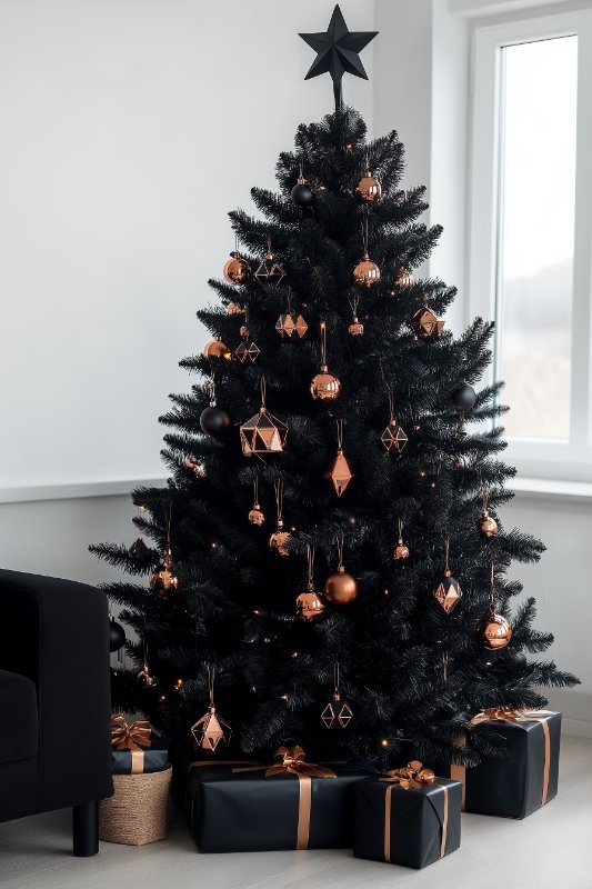 A black Christmas tree decorated with black and rose gold ornaments, crowned with a black star, stands near a window next to a black chair, with wrapped presents lying under the tree.