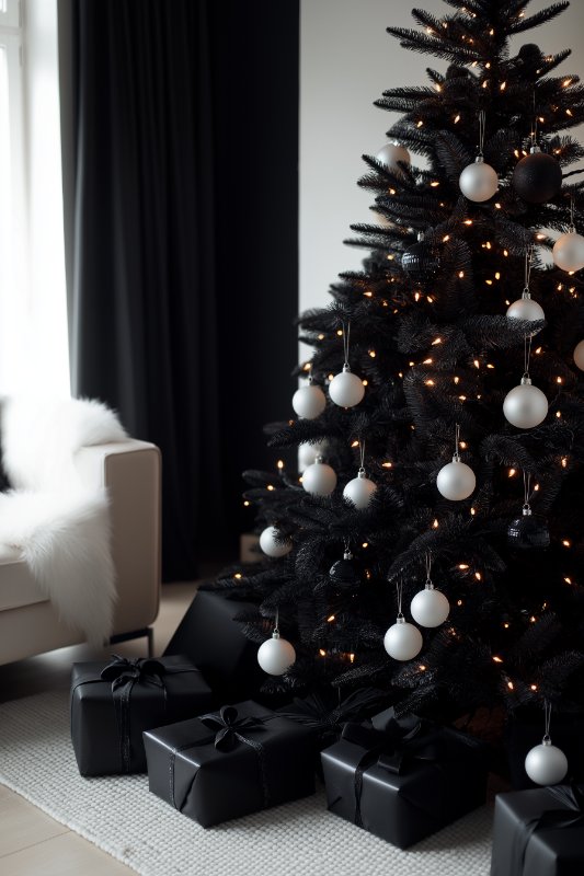 Next to a white armchair stands a Christmas tree decorated with white and black ornaments, including black-wrapped presents.