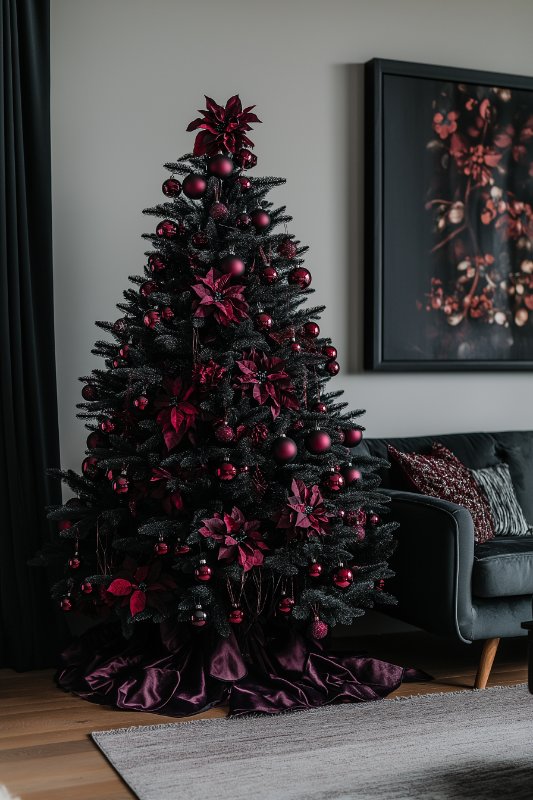 A decorated Christmas tree with dark red ornaments and flowers stands next to a gray couch in a darkly decorated living room.