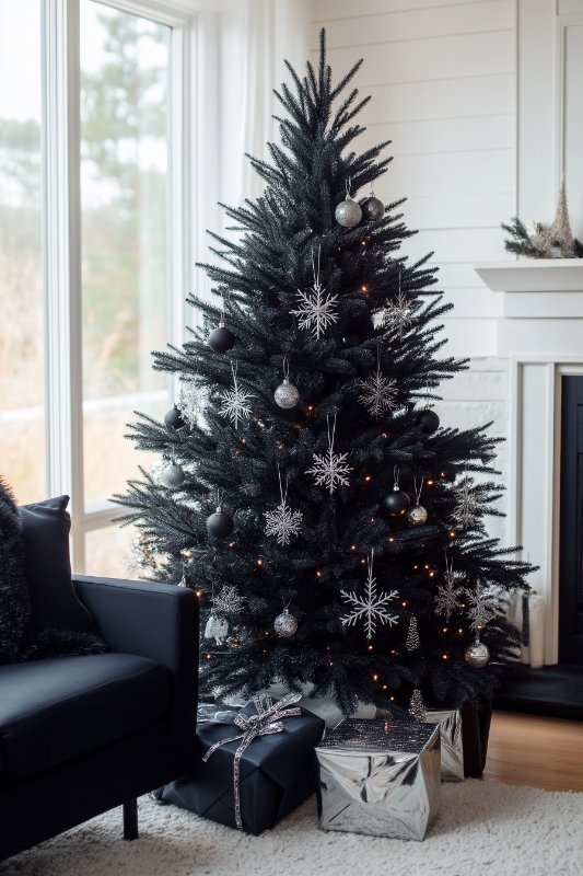 A black Christmas tree decorated with silver and white ornaments stands next to wrapped presents in a living room with large windows and a white fireplace.