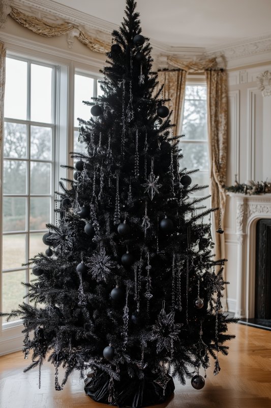 A tall black Christmas tree decorated with black balls, ornaments and tinsel stands in a bright room with large windows and beige curtains.