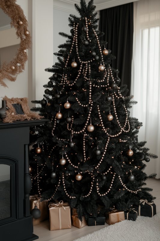 A Christmas tree decorated with gold and black ornaments, beads and lights sits next to a fireplace. Wrapped gifts are placed on its base.