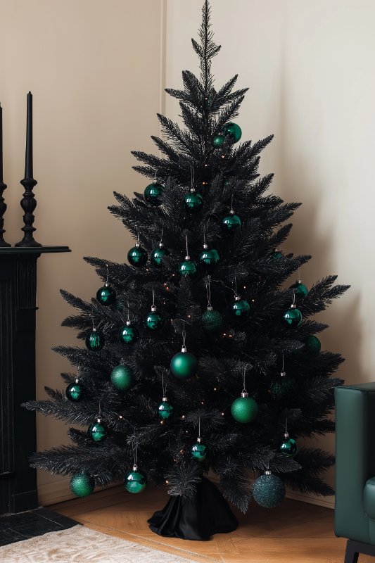 A black Christmas tree decorated with dark green ornaments stands next to a fireplace with black candlesticks in a minimalist room.