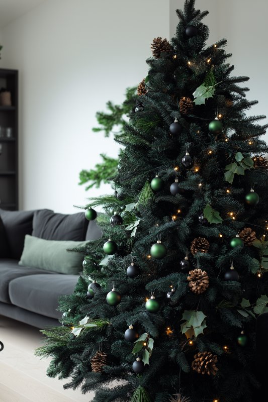 A decorated Christmas tree with green and black ornaments, pine cones and lights stands in a modern living room with a gray couch in the background.