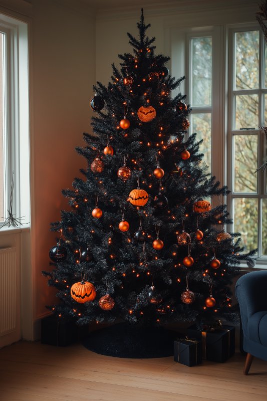 A Christmas tree decorated with orange and black ornaments, including pumpkin-shaped ones, stands in a corner near windows with natural light outside.