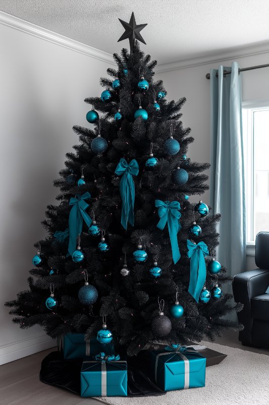 A decorated Christmas tree with a black star top and turquoise ornaments and ribbons. There are blue-wrapped presents under the tree, and a light gray curtain next to a window in the background.